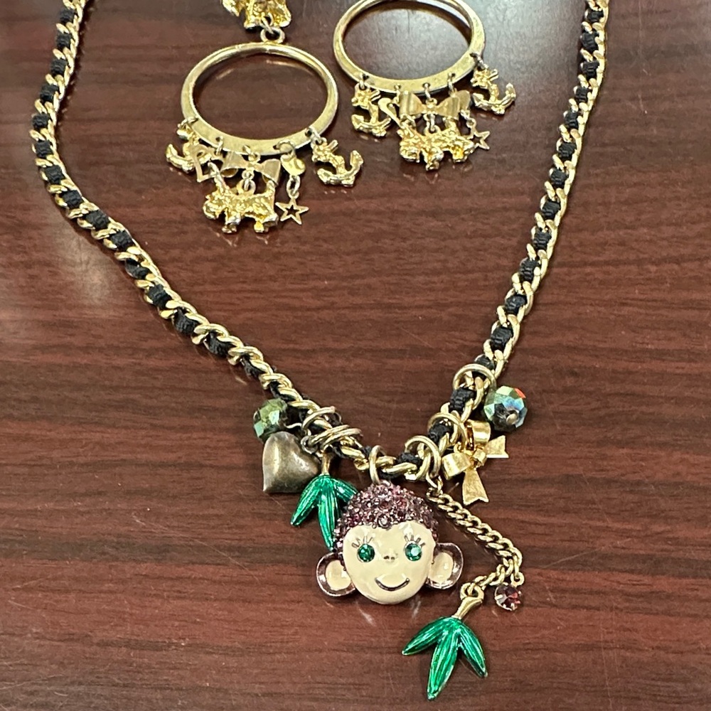 Betsey Johnson set - Monkey Charm Necklace and Scottie dog Earrings
